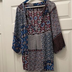 Zac & Rachel Multicolor Patchwork V-Neck Blouse — Blue, Red, White